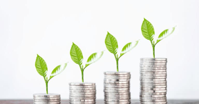 four plants budding on stacks of coins