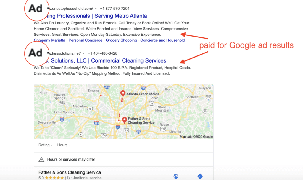 Screengrab of paid ad search results on Google