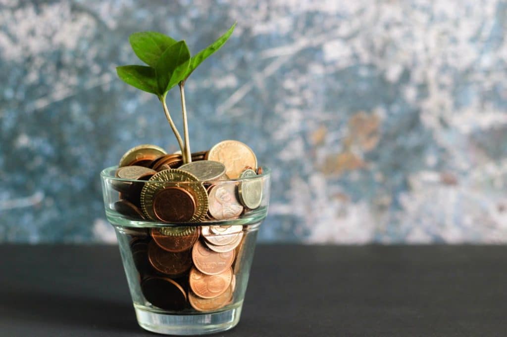 A glass container with coins and a small plant bud growing from it