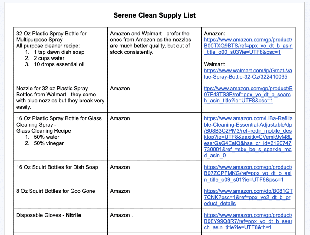 serene clean supply list for cleaning businesses