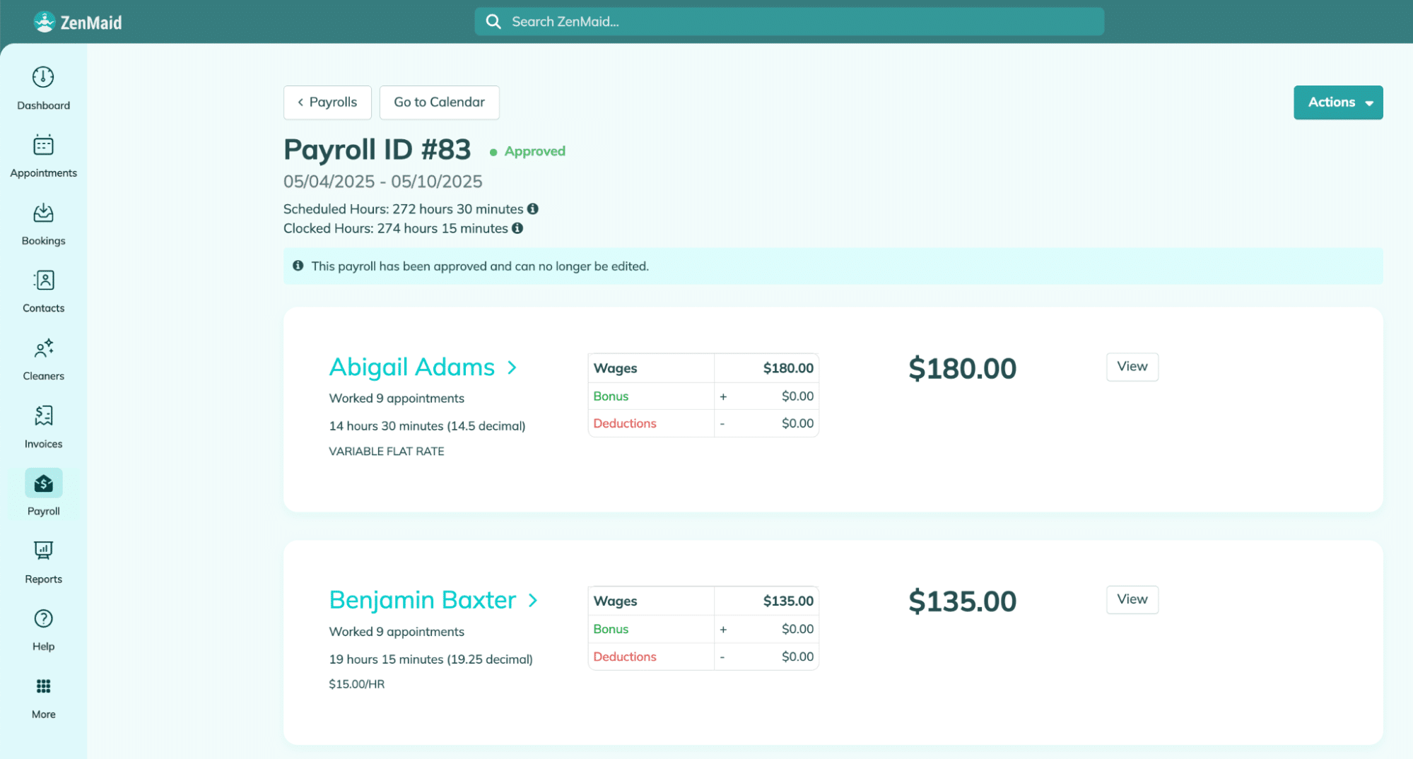 ZenMaid App Payroll Preview